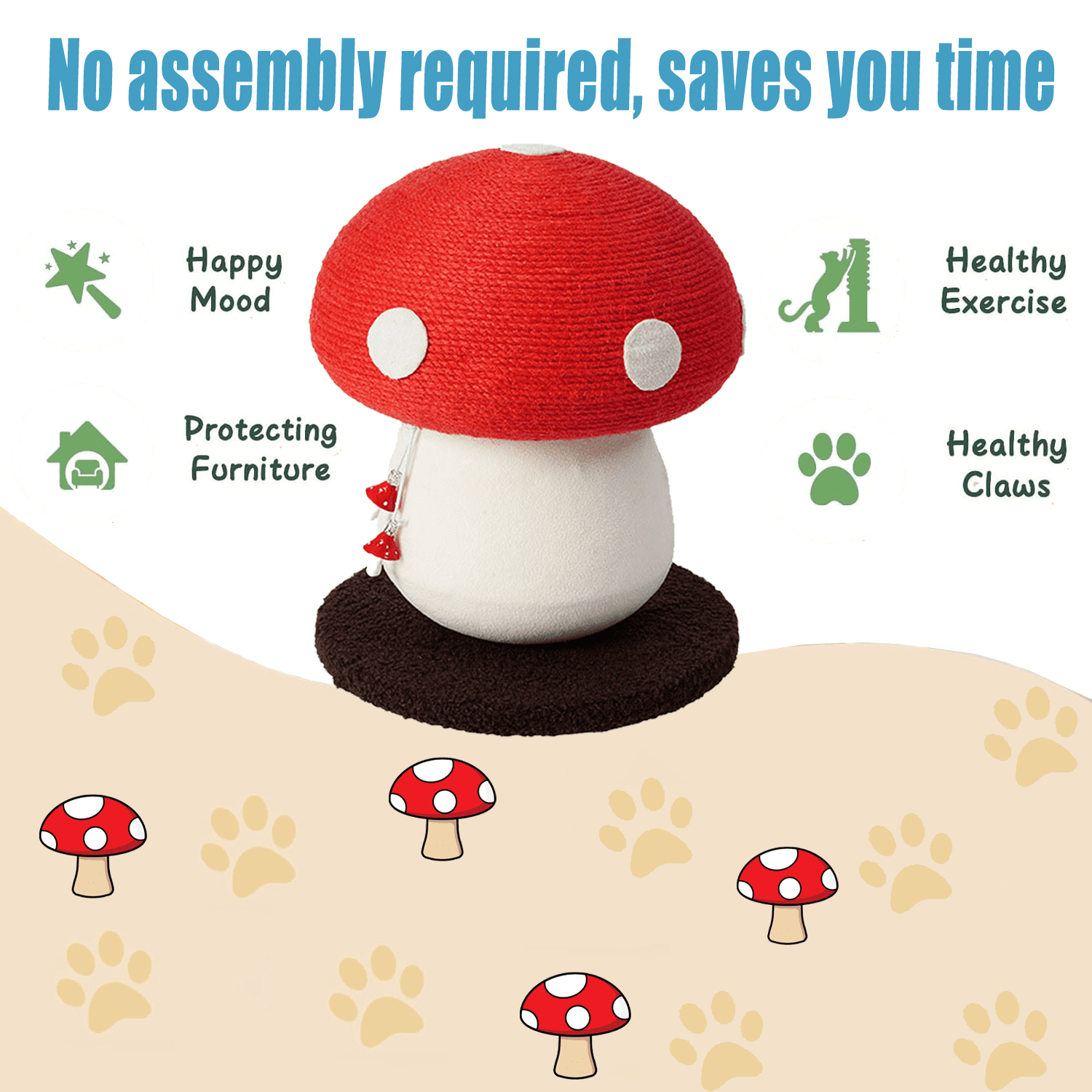 Cute Mushroom Cat Scratching Post, Durable Sisal Rope Cat Scratcher for Indoor Cats & Kittens, No Assembly Cat Tree with Hanging Toy, Cat Scratching Board for Claw Care & Furniture Protection