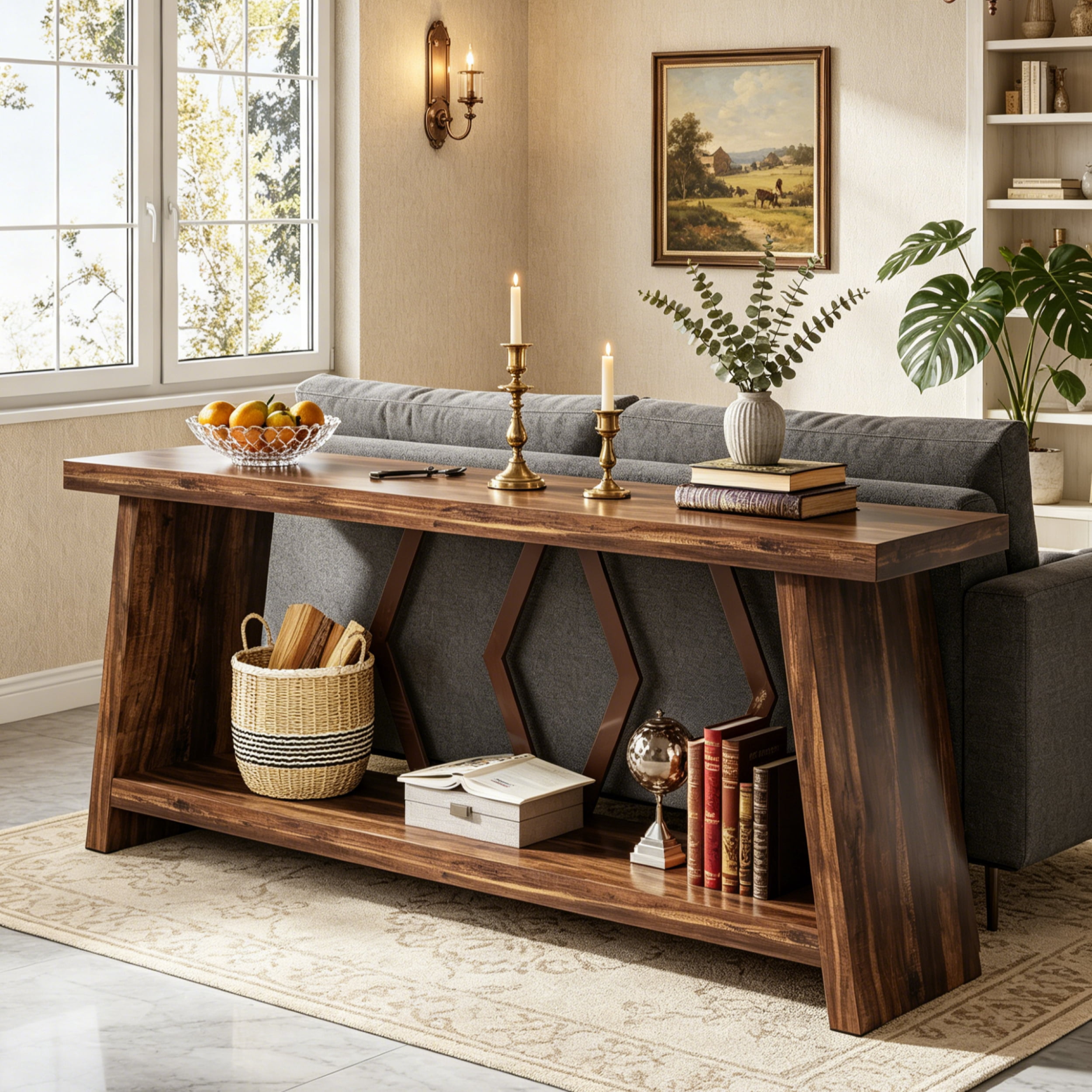 Fnova 70.86" Farmhouse Console Table for Entryway, 2-Tier Storage Long Narrow Wood Entryway Sofa Table, Easy Assembly, for Living Room Staircase Hallway Decor