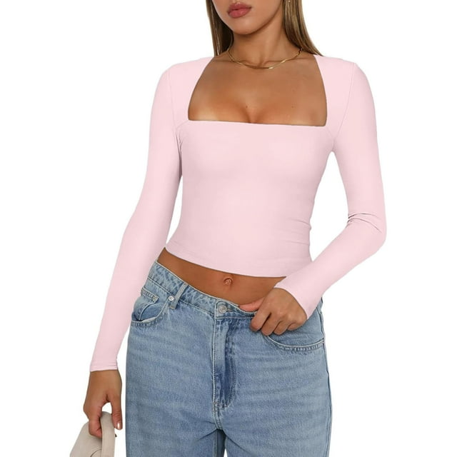 Camiseta Pivanzore para mujer, cuello cuadrado, manga larga, rosa, talla L