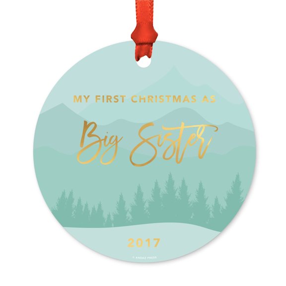 Metal Christmas Ornament, My First Christmas As Big Sister 2017, Winter Wonderland Forest, Includes Ribbon and Gift Bag