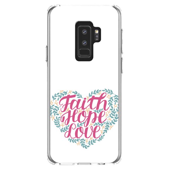 DistinctInk Clear Shockproof Hybrid Case for Samsung Galaxy S9  PLUS (6.2" Screen) - TPU Bumper, Acrylic Back, Tempered Glass Screen Protector - Faith / Hope / Love - Floral