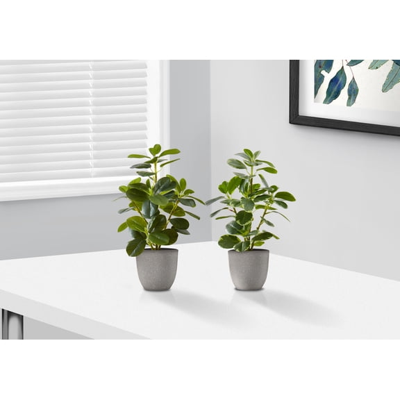 Artificial Plant - 14" Tall - Ficus - Indoor - Set Of 2 - Decorative - Gray Pots