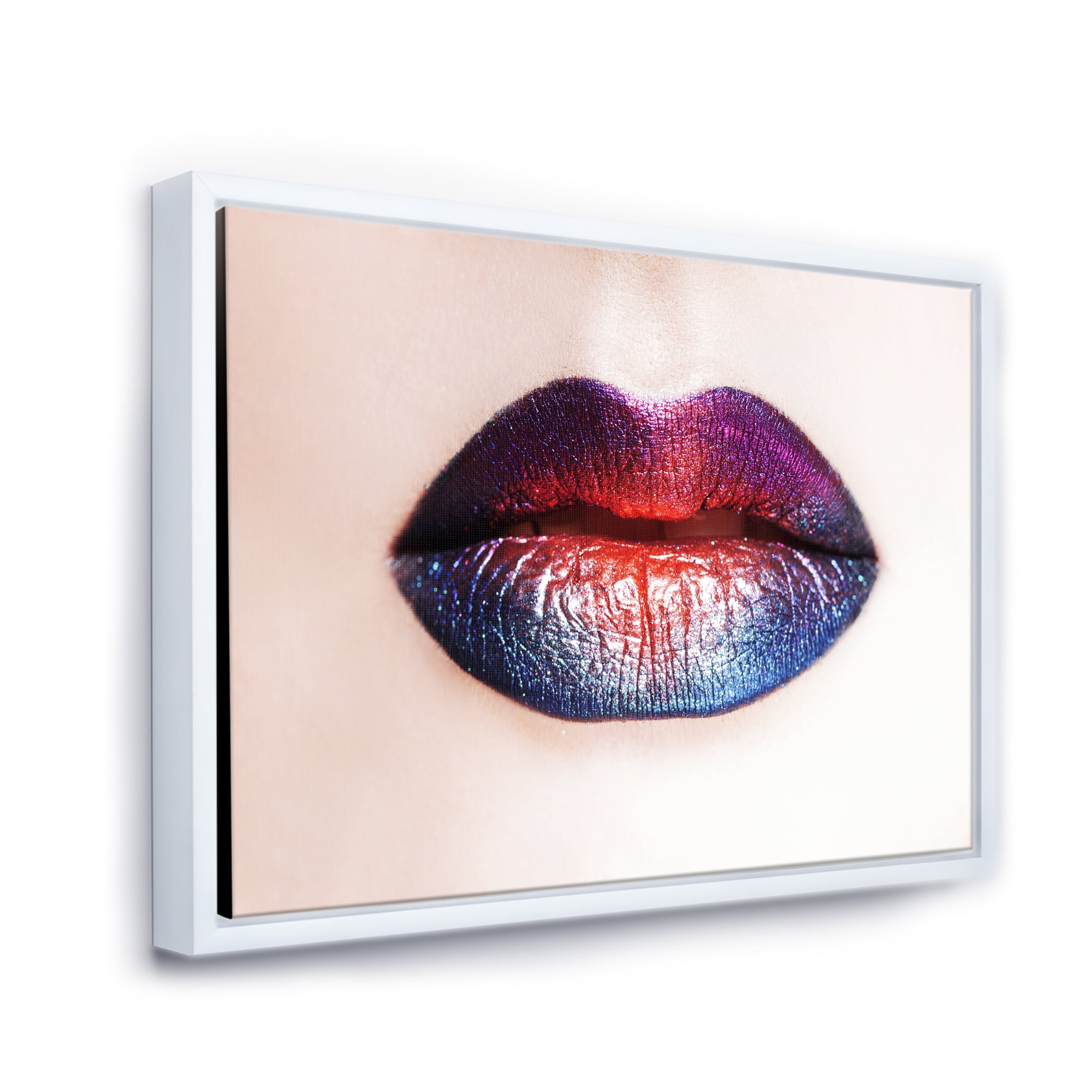 Designart 'Female Lips With Bright Multicolored Lipstick' Modern Framed Canvas Wall Art Print