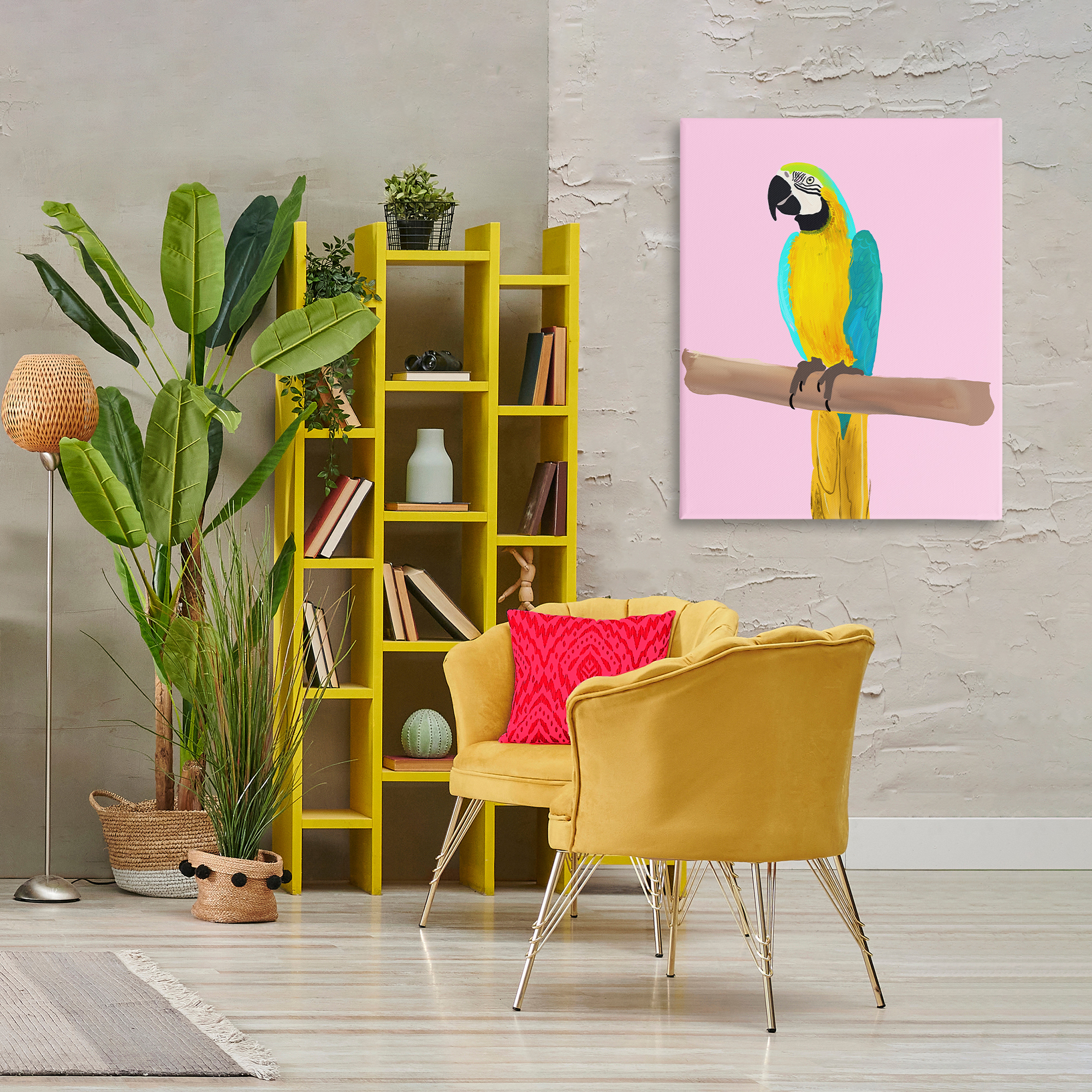 Stupell Industries Bright Parrot on Pink Animals Painting Wrapped Canvas Art Print Wall Art, 30 x 40