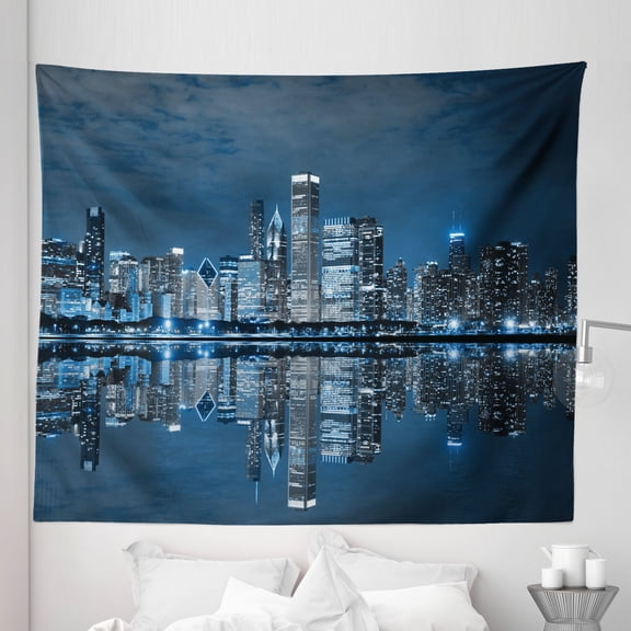 Chicago Skyline Tapestry, Sleeping City Dramatic Urban Resting Popular American Lake Picture, Fabric Wall Hanging Decor for Bedroom Living Room Dorm, 5 Sizes, Night Blue Grey, by Ambesonne