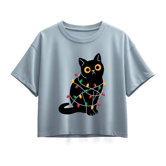 Instant Message - Cat Wrapped In Christmas Lights - Youth Girl Short Sleeve Boxy Tee