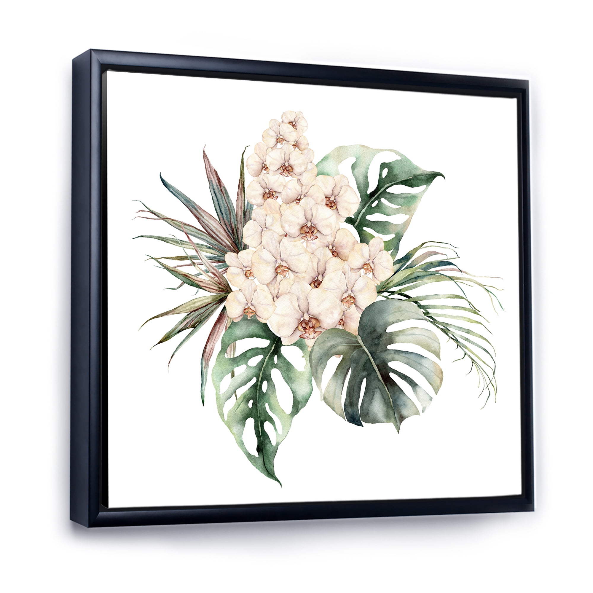 Designart 'Bouquet With Orchids Coconut Leaves and Monstera ' Traditional Framed Canvas Wall Art Print
