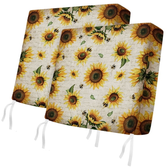 Outdoor Patio Cushion Covers 2 Pack Sunflower Chair Cushion Seat Pads with Ties & Zipper Waterproof Vintage Yellow Farmhouse Flowers Chair Slipcovers for Outdoor Furniture Couch Sofa 20x18 Inch