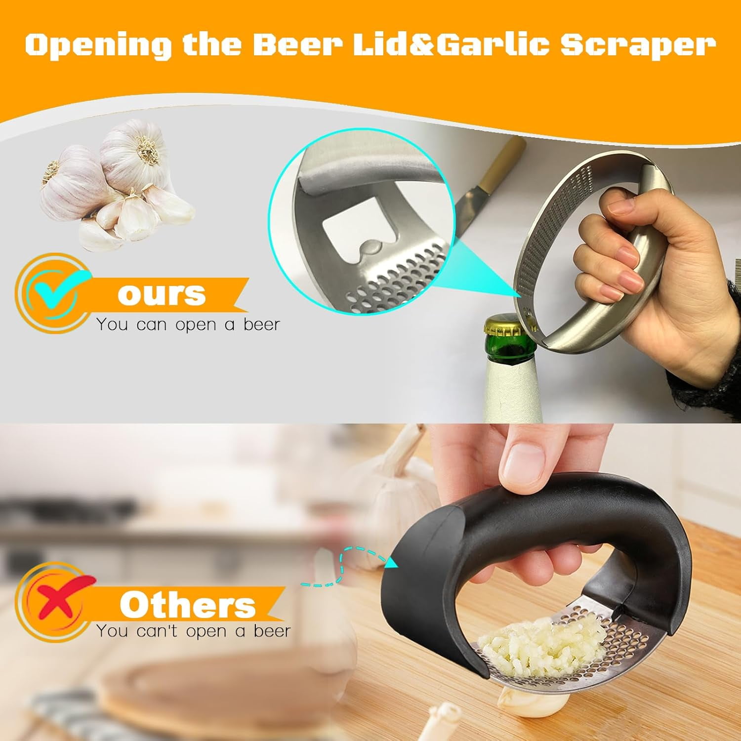 Garlic Press Rocker Heavy Duty Stainless Steel Mincer Crusher Chopper with Peeler And Scraper for Smash Built-in Bottle Opener