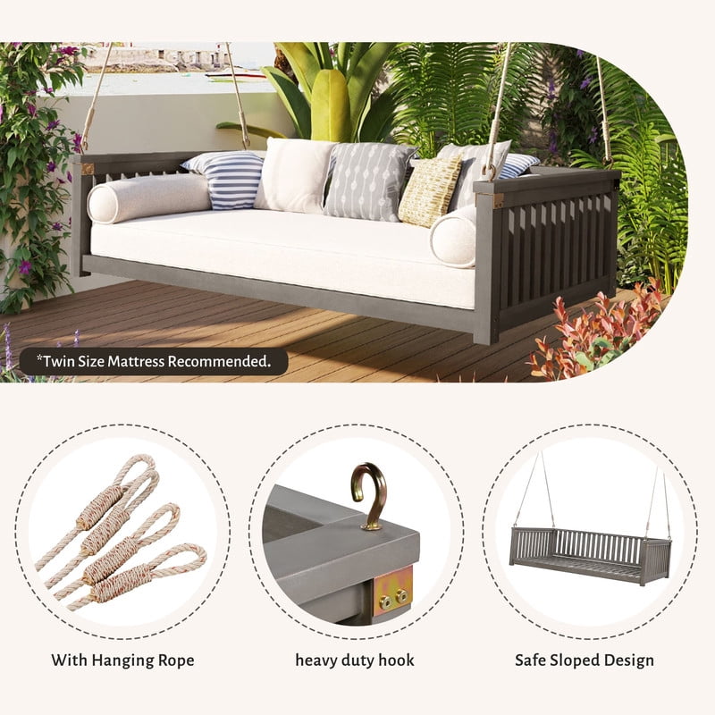 Patio Twin Size Garden Swing Bed, Wooden Porch Swing Frame with Ropes, Outdoor Hanging Swing for Garden, Backyard, Patio, Safe Sloped Design