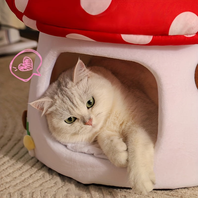 Cute Cat Bed Cave for Indoor Highland Mushroom Shaped Pet Plush House Self-Warming Nest Small Dogs Rabbits with Removable Cushion for Puppy Bed with Hanging Toy (Red Mushroom)