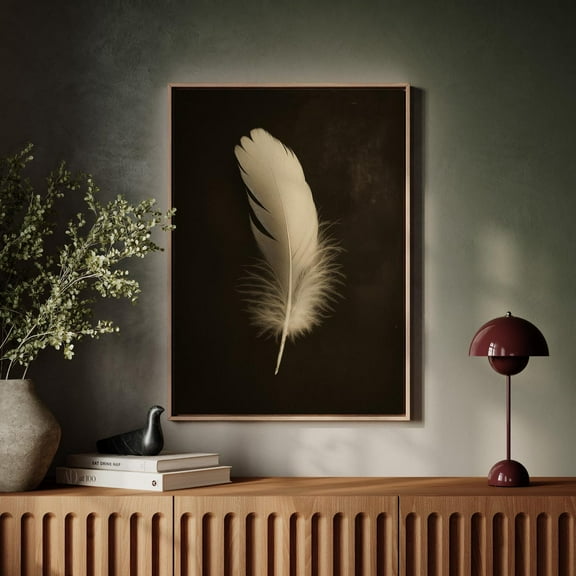 Single White Feather On Black Background – Minimalist Sepia Wall Art With Elegant Stillness And Nature-Inspired Simplicity Wall Art, Modern Wall Decor, 8x12 UNFRAMED
