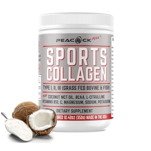 Peacock Max Sports Colágeno en polvo, 12.42 oz - Péptidos de colágeno múltiple hidrolizados tipo I, II, III alimentados con pasto bovino y pescado salvaje, proteína en polvo sin sabor con BCAA, magnes