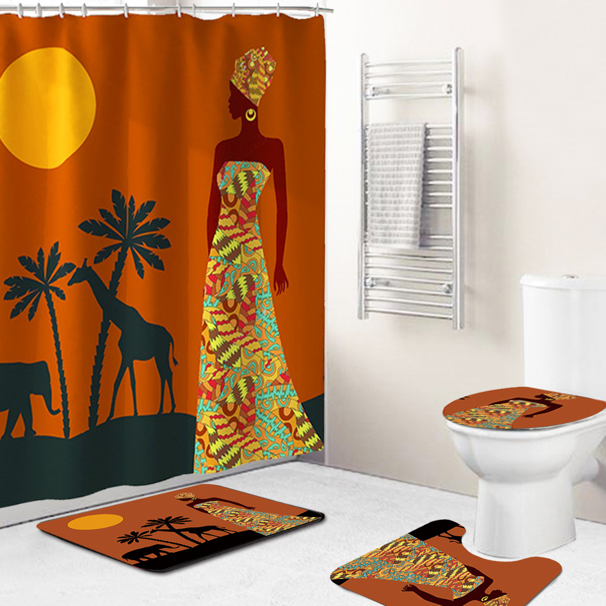 YAZIMAO 4 Piece Bathroom Set,Afro Black Twins African American Women,Black Girl Magic Shower Curtains with Toilet Pad Cover Bath Mat Shower Curtain Set