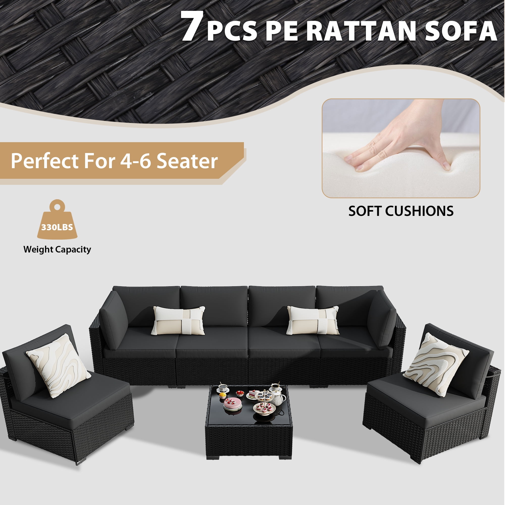 KIGOTY 7 Piece Outdoor Patio Furniture, Wicker Rattan Outdoor Conversation Set Sectional Sofas for Backyard, Garden, Black-Black