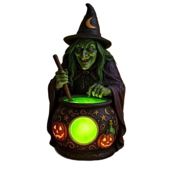 Halloween Witch Statue with Glowing Green Cauldron, LED Resin Witch Figurine, Spooky Tabletop Decor for Mantel, Desk, Shelf, Party & Holiday Home Decoration