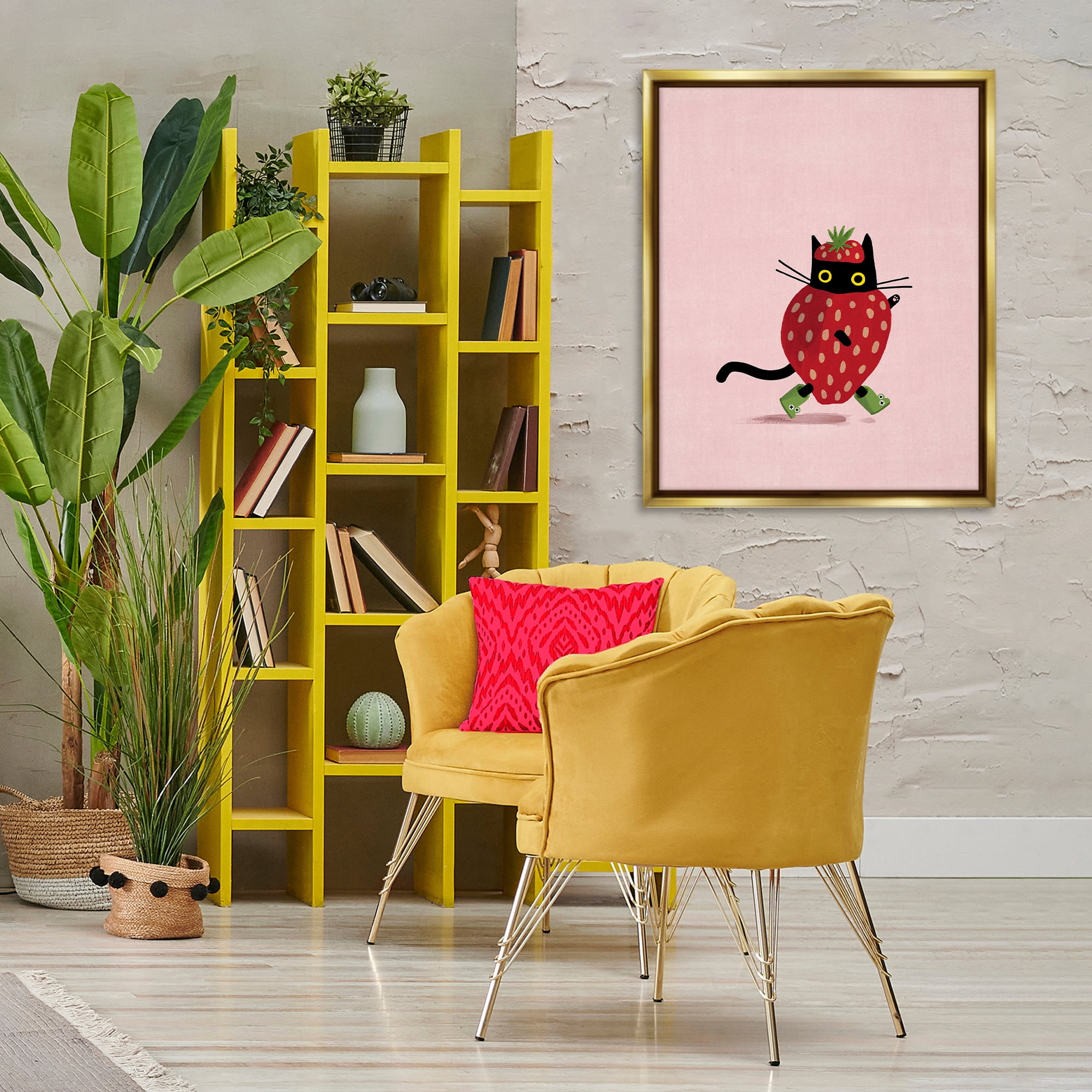 Stupell Industries Strawberry Cat on Pink Animals Painting Gold Floater Framed Canvas Art Print Wall Art, 25 x 31