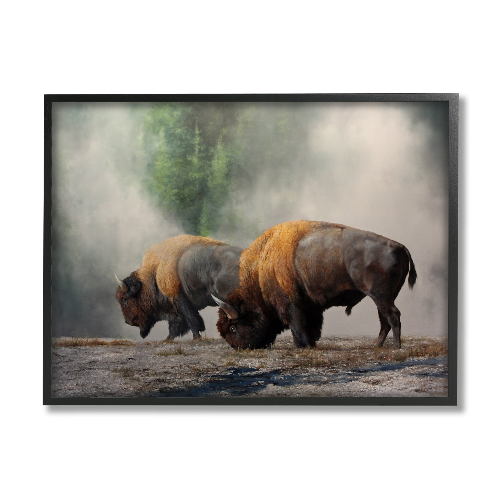 Stupell Industries Bison Duo Grazing Foggy Nature Animals & Insects Painting Gray Framed Art Print Wall Art