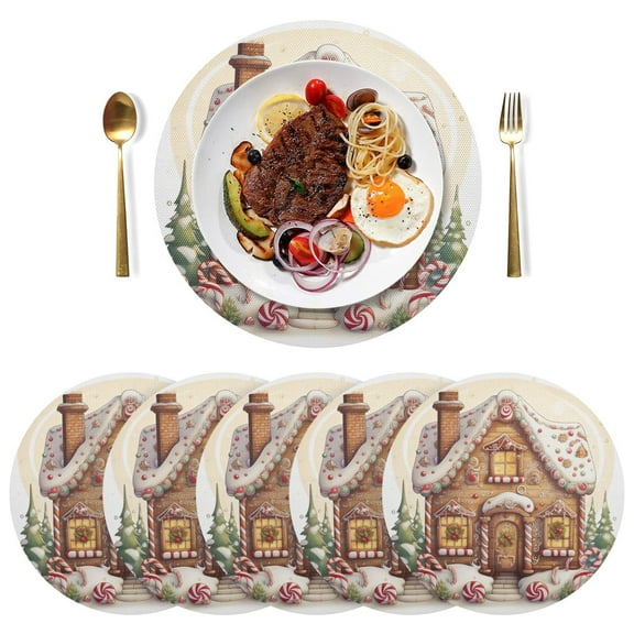 Gingerbread House Cookies Trees Black Round Placemats Plate Mats 15 Inch Non-Slip Heat Resistant Washable PVC Set Indoor for Kitchen Dining Table 1PC