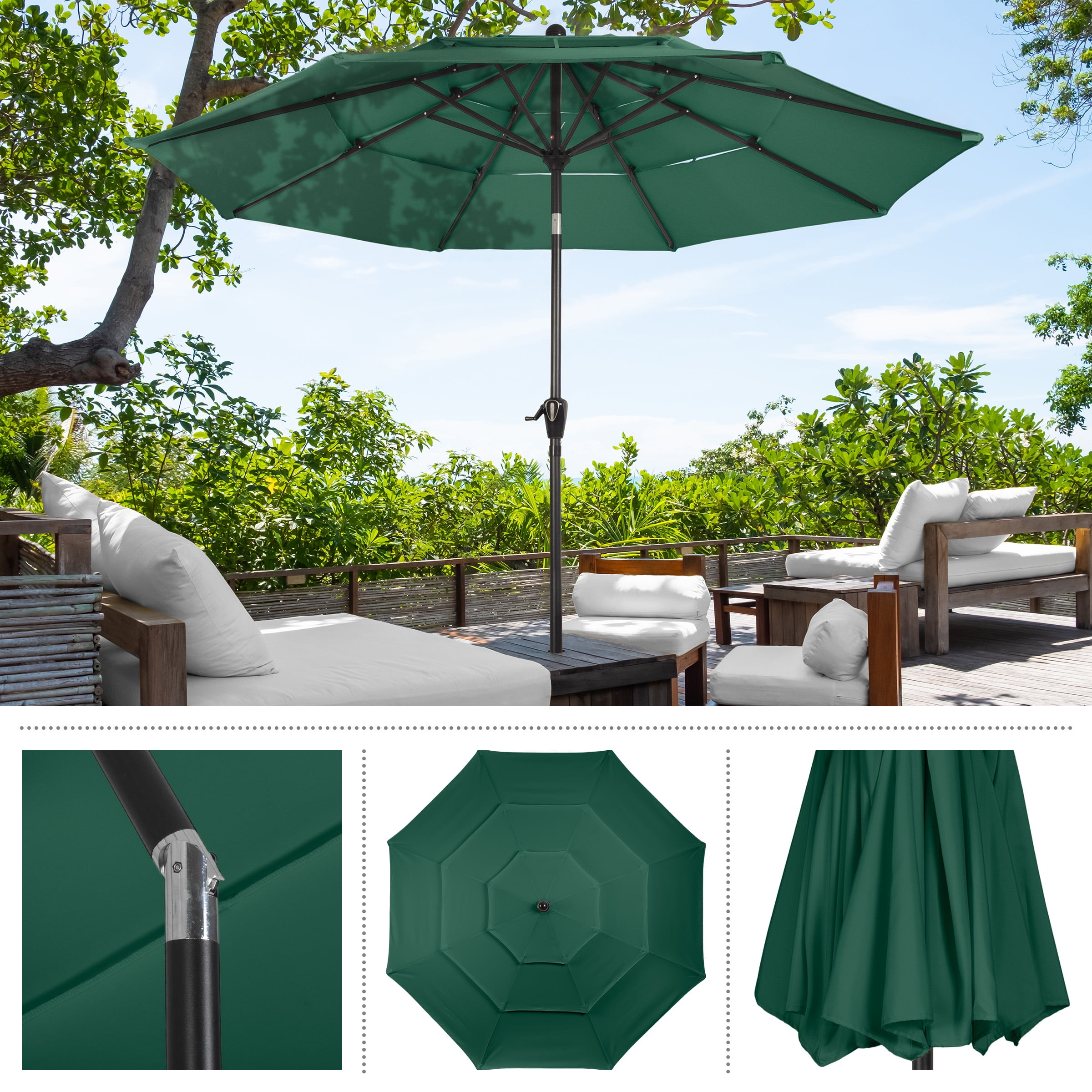 Pure Garden 10 ft Patio Umbrella - 3-Tier Outdoor Sunshade, Hunter Green