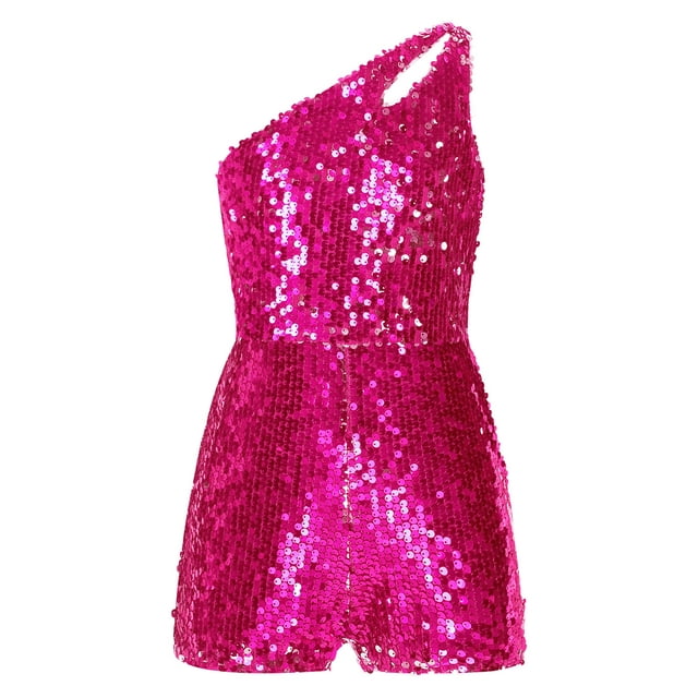 Linjinx Girls Shiny Sequin One Shoulder Rompers for Party and Dance One Piece Outfit Short Jumpsuit Hot Pink 6