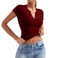 thumbnail image 4 of DuoJiaJ Womens Short Sleeve Top, V Neck Slim Fit Yoga Athletic Tee Red M, 4 of 5