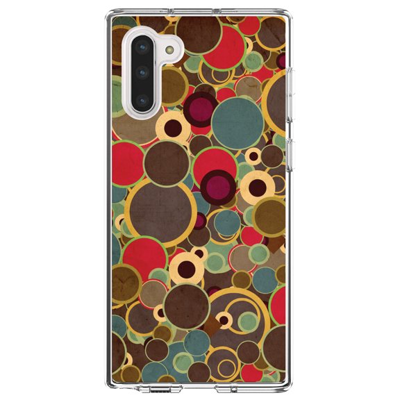 DistinctInk Clear Shockproof Hybrid Case for Samsung Galaxy Note 10 (6.3" Screen) - TPU Bumper, Acrylic Back, Tempered Glass Screen Protector - Brown Red Yellow Circles - Relive the 80's
