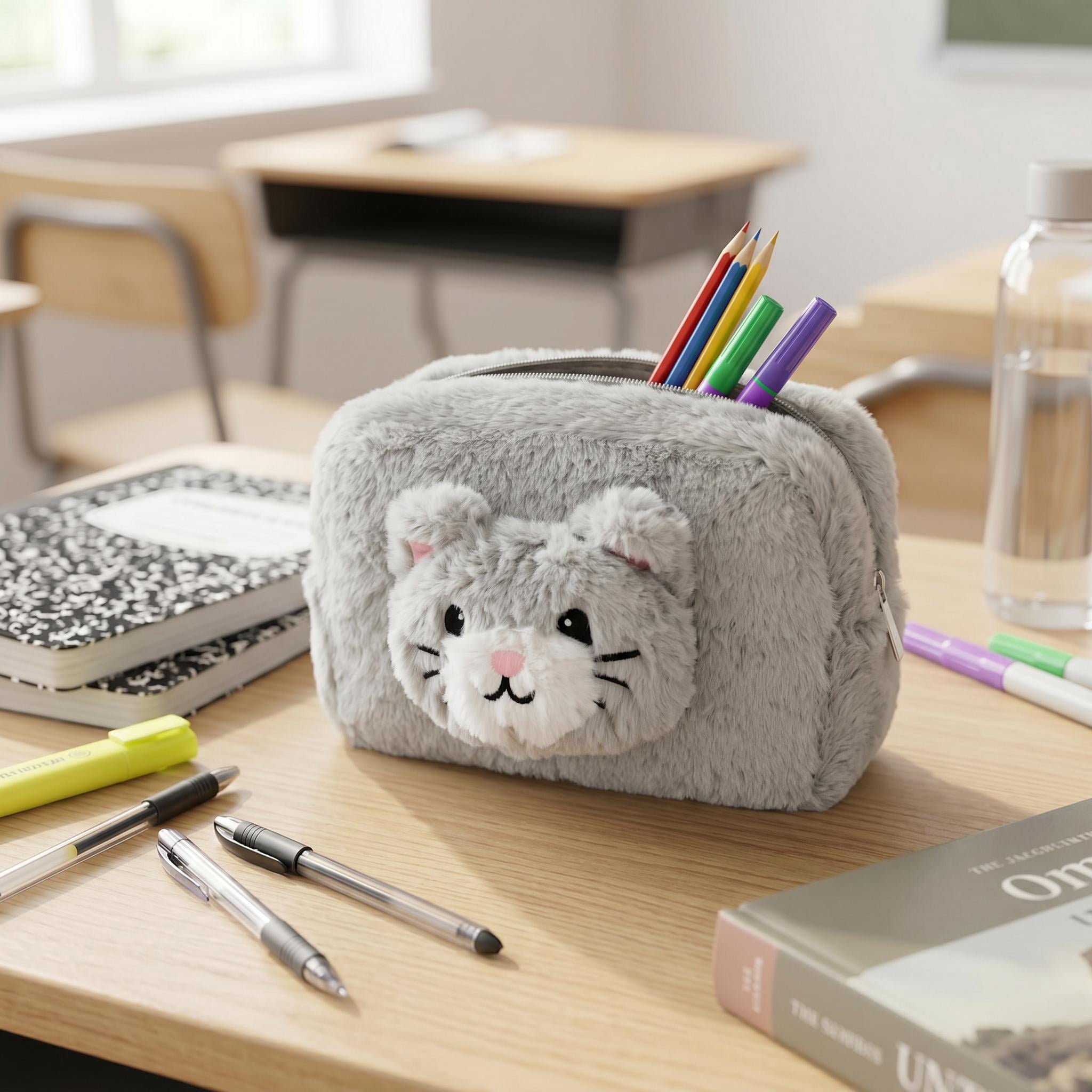 Pen + Gear Faux Fur Cat Pencil Pouch, Grey, Educational Level: Perfect for Students of All Ages--Elementary, Middle School, High School, College, and Adult Professionals