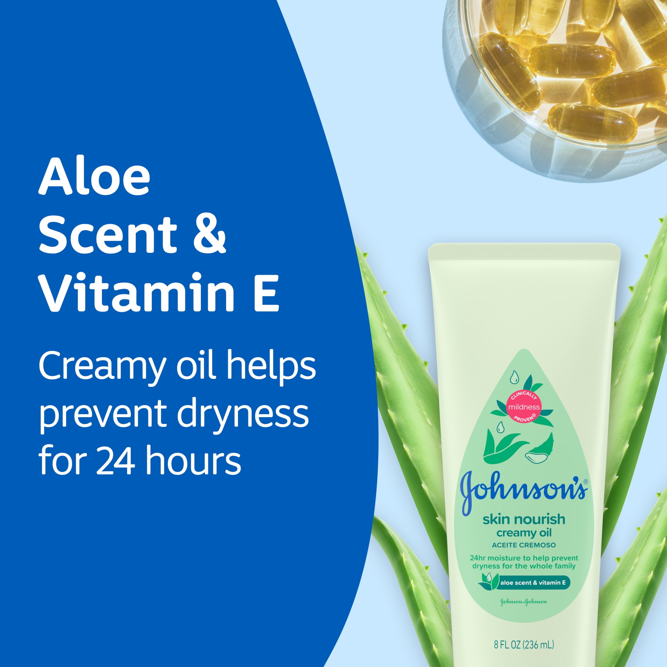 Johnson's Skin Nourish Creamy Oil + Aloe Scent & Vitamin E, 8 fl. oz