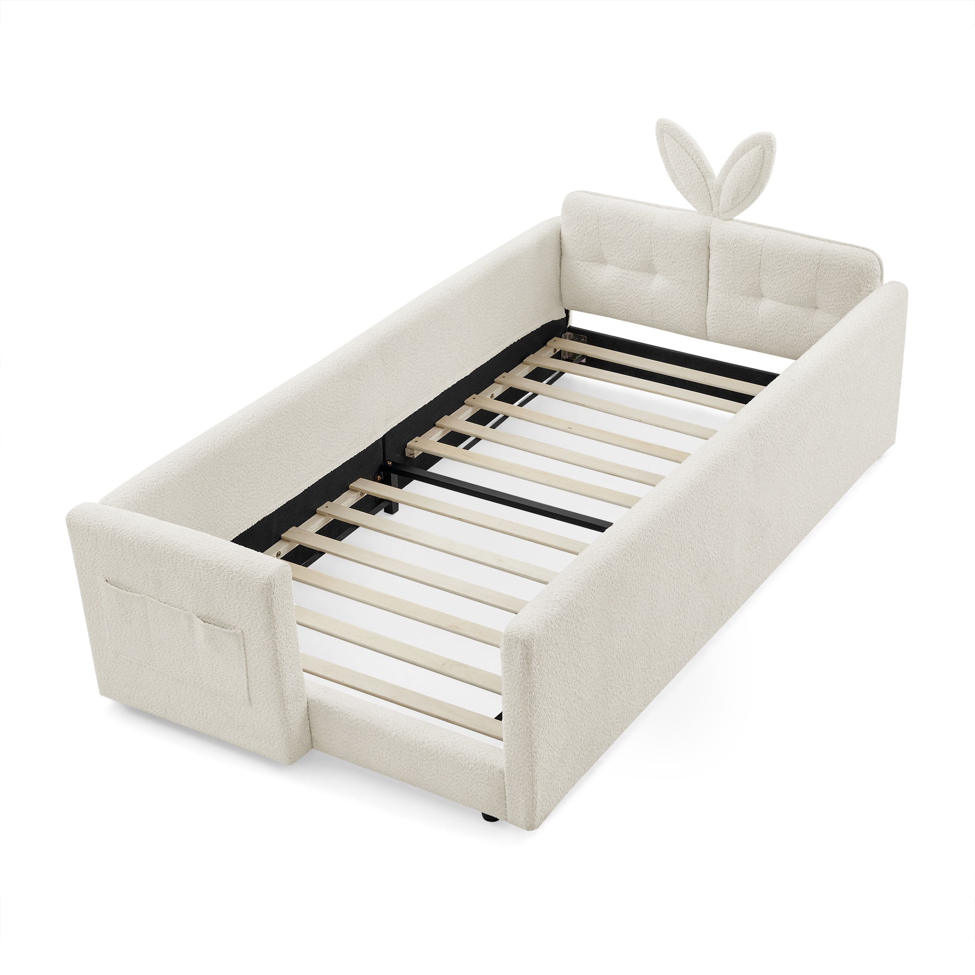 PORKISS Twin Bed Frames for Kids, Boucle Upholstered Platform Bed Frame with Safety Rails, Cute Bunny Ear Cartoon Bed with Storage Pocket, Beige