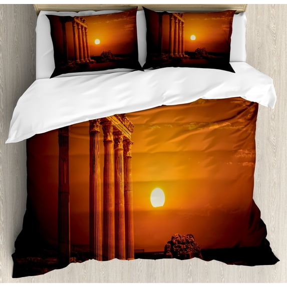 Vintage Duvet Cover Set, Antique Style Rome Empire Monuments Columns with Sun Picture, Decorative 3 Piece Bedding Set with 2 Pillow Shams, Queen Size, Orange and White, by Ambesonne
