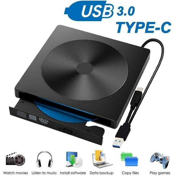 External DVD Drive, USB 3.0 Type C Dual Port, Portable Slim CD / DVD-RW Drive Burner, DVD / CD Burner and Reader Plug & Play, CD DVD Drives for Laptop, MacBook, Desktop (Black)