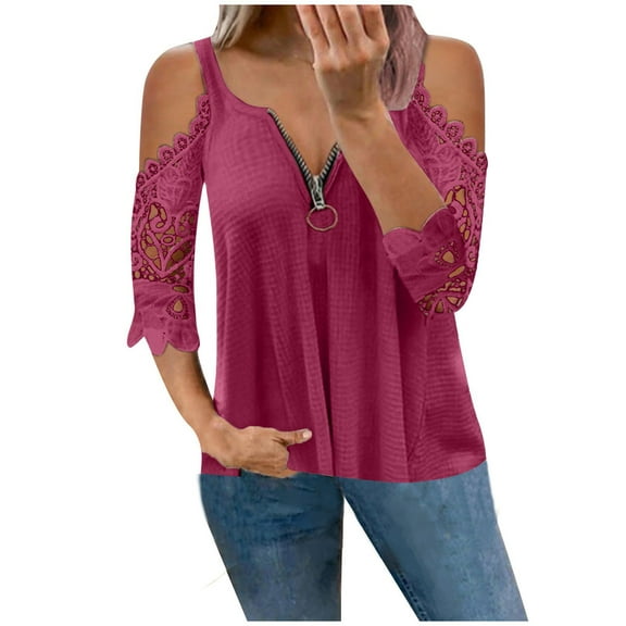 Jophufed Women Summer Tops Casual Lace Half Sleeve V-Neck Zipper Hollow Out T-Shirt Blouse Tops Flash picks