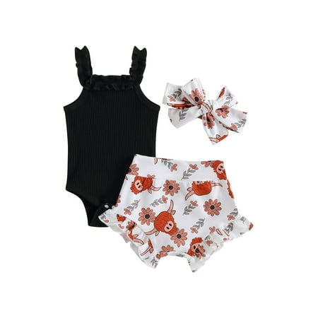 

Wassery Baby Infant Girls Summer Outfits Sleeveless Ruffle Hanging Neck Tops with Cattle Head Casual Elastic Ruffle Shorts and Headband 3Pcs Set 0-18M