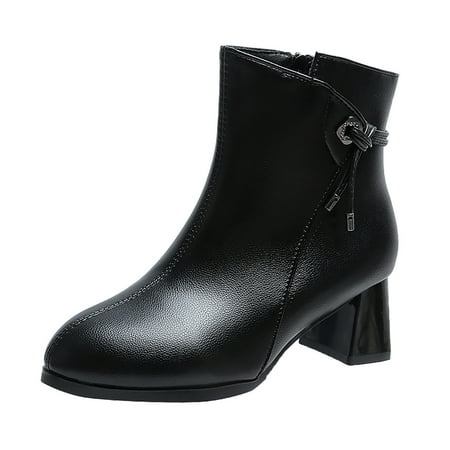 

EUHDSSDE Women Artificial Leather Solid Color Winter Keep Warm Plush Thick Sole Square Heels Zipper Short Booties Round Toe Shoes