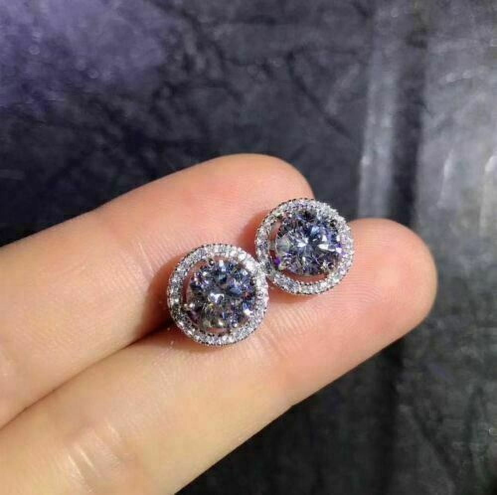 4Ct Round Lab-Created Diamond Halo Stud Earring Screw Back 14K White Gold Plated Sterling Silver