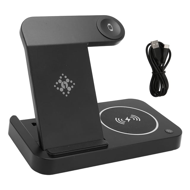 Cargador inalámbrico 4 en 1 con soporte plegable, estación de carga multifuncional para teléfono, auriculares y reloj.