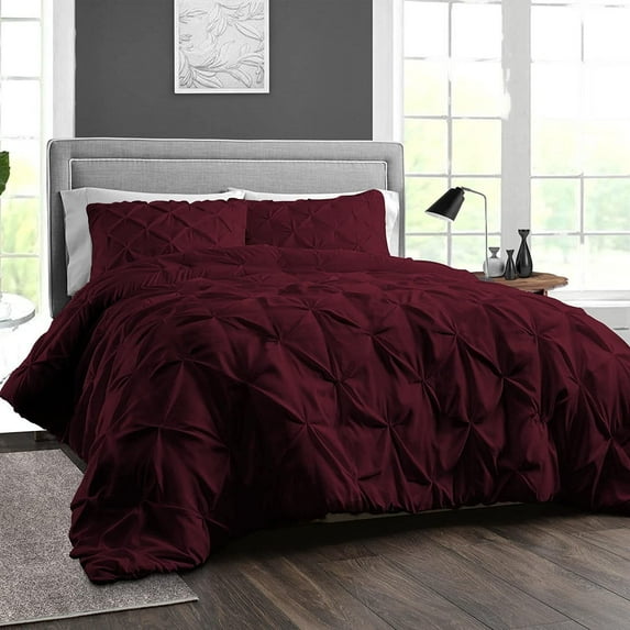 Duvet Cover 3 Piece Egyptian Cotton Cozy & Super Soft 600 TC Pinch Duvet Covers with Zipper Closure & Corner Ties Soft Pintuck Comforter Cover (Oversized Queen, Wine )