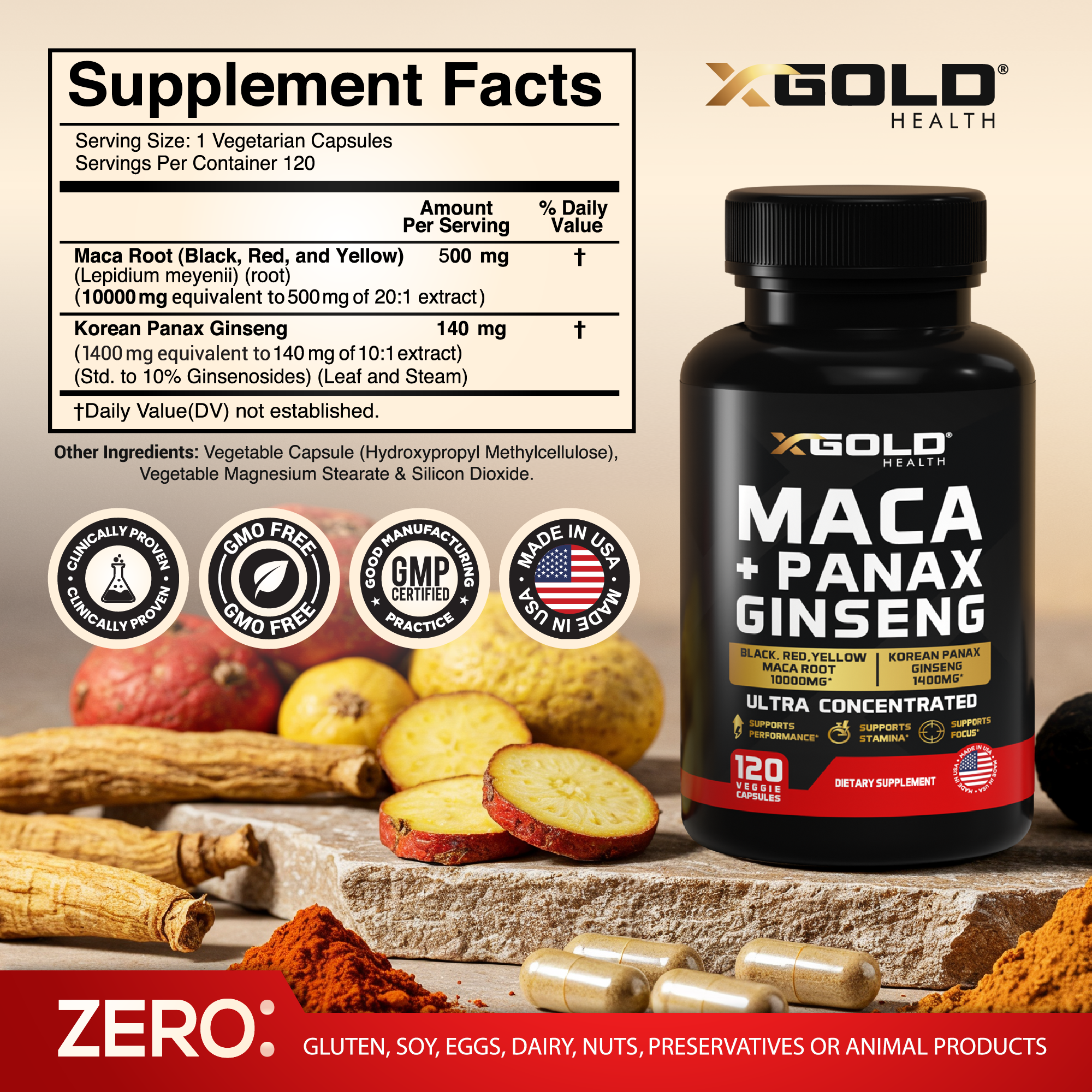 Maca Root 12000mg, Ashwagandha, Panax Ginseng Extract – Men's Health 120 Caps