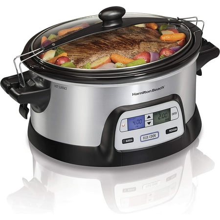 

Stay or Go Portable 6-Quart Programmable Slow Cooker With FlexCook Dual Digital Timer for 2 Heat Settings Lid Lock (33861)