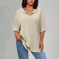 thumbnail image 2 of ABATAB Women Plus Size Cotton Linen Shirts Casual Lightweight Solid Color Tee Blouses Loose Fit Half Sleeve Collared Vacation Tops(4X-Large,Beige), 2 of 7