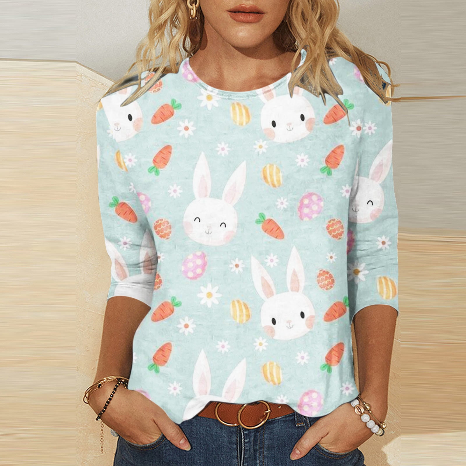 Women's Easter Shirts Bunny Eggs Easter Print Top 3:4 Sleeve Cute T ...