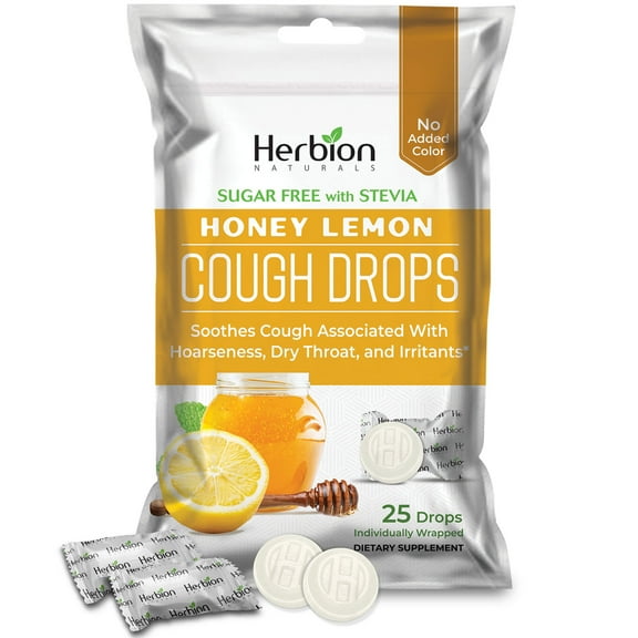 Herbion Naturals Cough Drops with Natural Honey Lemon Flavor, Sugar-Free with Stevia, Dietary Supplement, Soothes Cough, For Adults and Children over 6 years, 25 Drops, No Artificial Flavor, No Added