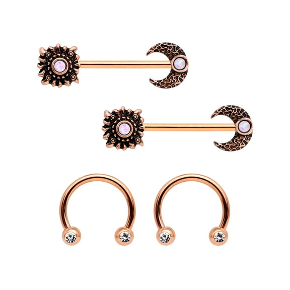 Body Candy 4Pc 14G Nipplerings Piercing Plated Steel White Accent Moon Sun Horseshoe Nipple Ring Set 3/4"