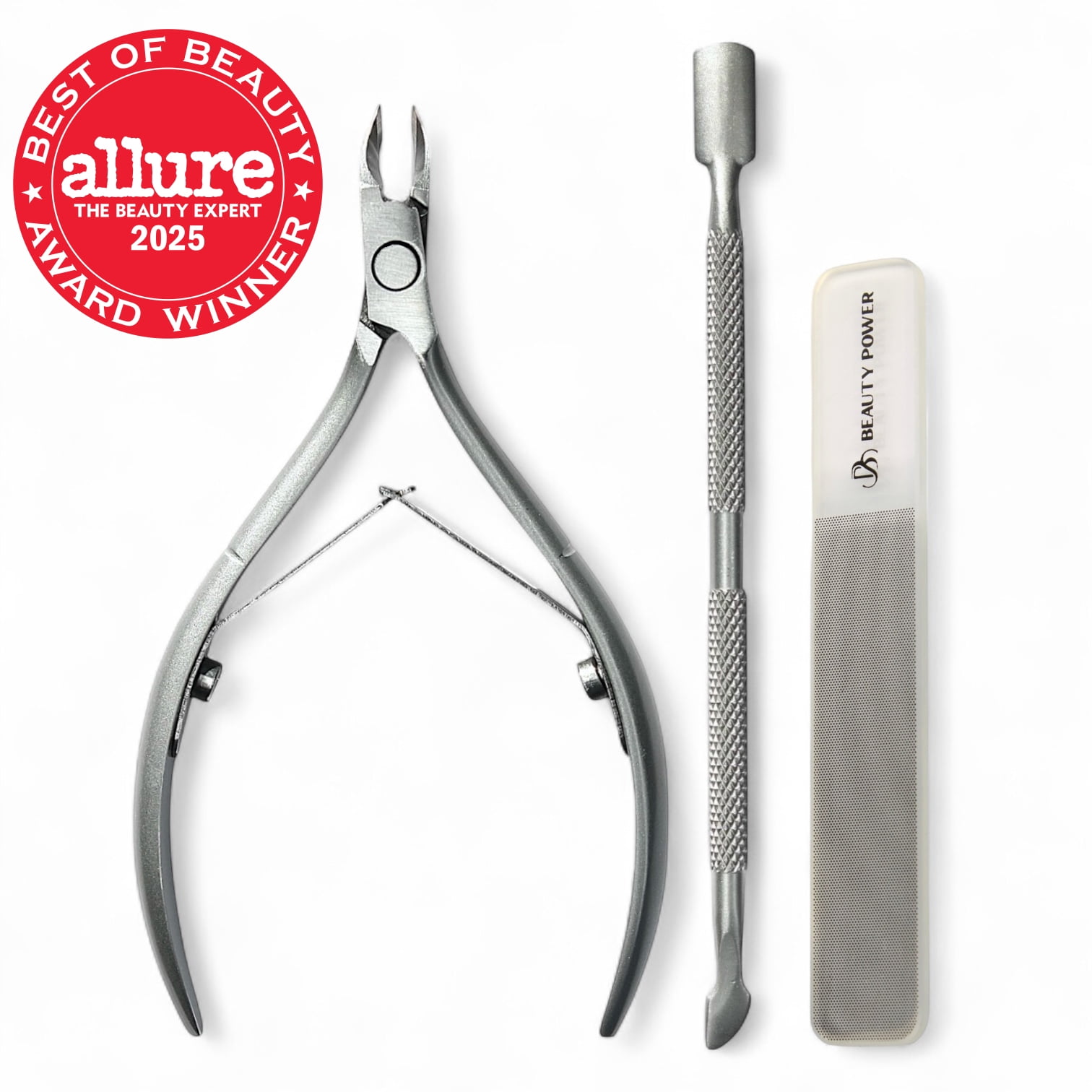 Beauty Power Manicure Pedicure Set 7-in-1 Stainless Steel, Ultra Sharp, Slanted Nail Clipper, Fingernail Clipper, Cuticle Nipper, Glass Nail File, Eyebrow Tweezers, Scissors, Case - Gift - Pink