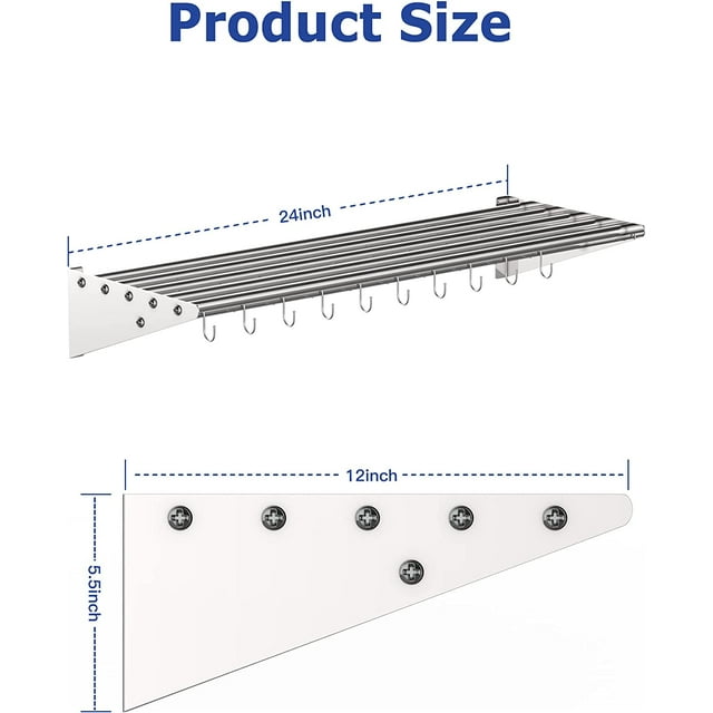 GloryStar Kitchen Storage Rack and Organization, Stainless Steel Metal Wall Shelf with 10 S Hooks