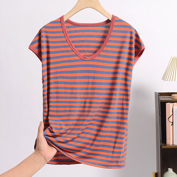 Pijama de manga corta para mujer, informal, holgado, a rayas, con cuello redondo, de verano, fino, de poliéster