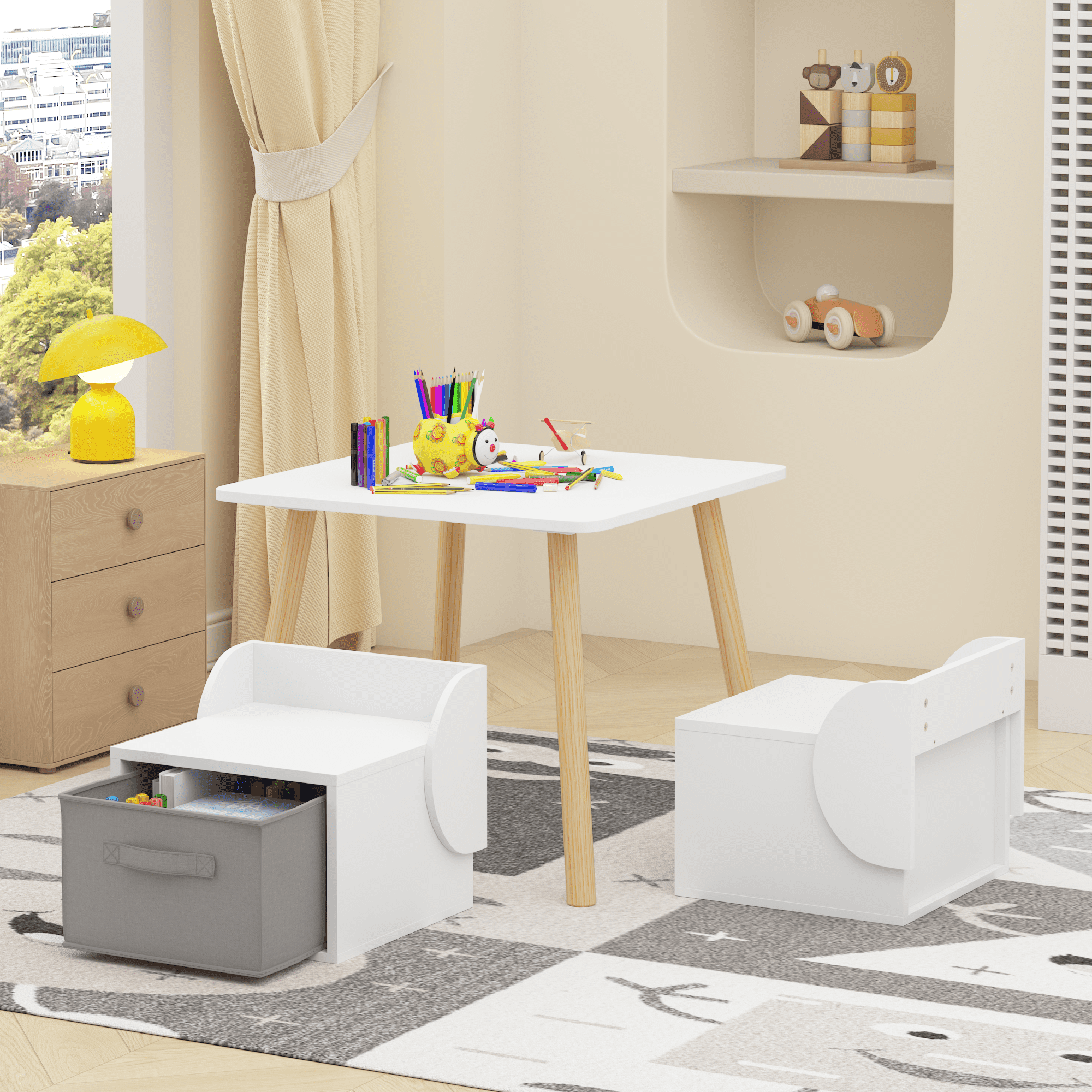 Mintazer 3-Piece Toddler Activity Table Set, Wood Kids Table & 2 Chair with Storage Bins for Playroom and Bedroom, White
