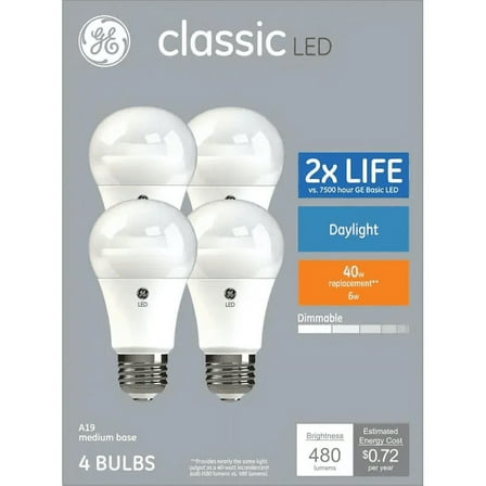 GE classic LED 40 watt equivalent A19 Daylight Dimmable LED Bulb (4 pack)