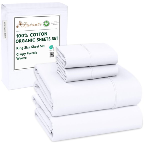 RUVANTI 100% Organic Cotton Sheets - King Size Sheet Set - 4 Piece Percale Weave Bedding, Crisp, Cooling & Breathable, Soft & Durable, 16" Deep Pocket, Hotel Quality Sábanas - Bright White